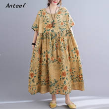 Женское винтажное платье из хлопка с коротким рукавом и цветочным принтом, повседневное Свободное длинное женское летнее платье, элегантная одежда 2021 2024 - купить недорого
