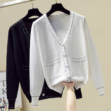 Suéter cardigã feminino gola v estilo coreano, blusão feminino solto preto elegante primavera outono 2020 2024 - compre barato