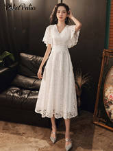 Vestidos de Fiesta de encaje blanco, largos, elegantes, con cuello en V, longitud de té, de talla grande, 2020 2024 - compra barato