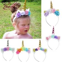 Nishine New Girls Unicorn Horn Hairband Chiffon Mesh Flowers Children Headwear Birthday Gifts Photo Props Hair Accessories 2024 - buy cheap