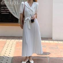 Alien Kitty Gentle Retro Solid V-Neck Elegant 2021 Summer Vintage Party Sweet Office Lady Pleated Loose Women Chic Long Dresses 2024 - buy cheap