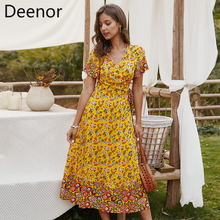 Deenor Women Floral V-Neck Ruffles Print Dress Fashion Yellow Elegant Summer Dress Beach Midi Dresses Boho Style Party Dresses 2024 - buy cheap