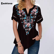 Cashiona 2020 Plus size Women Casual Tops New Fashion Flower Print Summer Boho Tshirt V-Neck Short Sleeve Loose Tee Shirts Femme 2024 - buy cheap