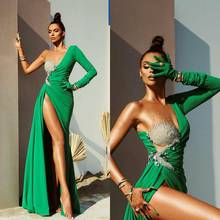 Árabe verde sereia baile de formatura vestidos lado alto dividir frisado cristal sexy vestido de noite feito sob encomenda robe de soiree 2024 - compre barato