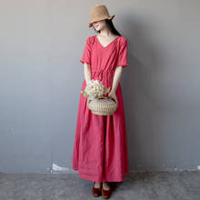 Vestido de ramio suelto de Color liso para mujer, vestido Retro Vintage de verano con cuello de pico, 2020 2024 - compra barato