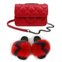 Purse Sets Flip Flops Furry Sandals With Bags Women Flats Shoes Extra Fluffy Luxury Slippers And Handbags Real Fox Fur Slides 2024 - buy cheap