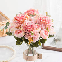 Flores artificiais buquê de rosas de seda, rosas, hortências, peônia, vintage, buquê de flores falsas para decoração de casamento em casa 2024 - compre barato