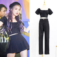 Kpop IU Lee Ji Eun Temperament Black Slim O-neck Short-Sleeved T-shirt Tops+Loose High Waist Straight Pants Women Two Piece Set 2024 - buy cheap