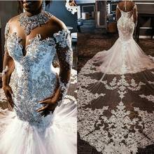 Vestidos de novia de sirena de encaje de manga larga, Apliques de encaje con cuentas de cristales, vestidos de novia de boda hechos a medida 2024 - compra barato