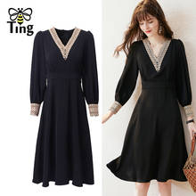 Tingfly vestido feminino bordado, elegante, vintage, gola em v, casual, preto, linha a, alta qualidade, para trabalho de escritório, plus size 2xl 2024 - compre barato