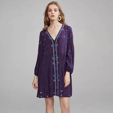 OrGypsy Summer Dress Women 100% Rayon Stars Embroidery Mini Dress Boho Casual Loose Chic V-neck Long Sleeve Dresses Vestidos New 2024 - buy cheap