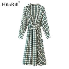 Платье HiloRill женское клетчатое с длинным рукавом и поясом, офисное винтажное ТРАПЕЦИЕВИДНОЕ миди-платье с отложным воротником, 2020 2024 - купить недорого