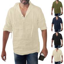 Camiseta masculina de algodão solto, camiseta com botão sólido e de linho, camisa de manga comprida com capuz, tops 2021, roupas masculinas 2024 - compre barato