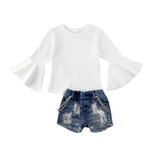 2020 infantil do bebê da menina do miúdo conjuntos de roupas manga alargamento branco malha topos + calças jeans roupas primavera conjunto 2 pçs 2024 - compre barato