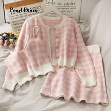 Pearl Diary Knit Plaid Cardigan & Camisole & Skirts Three Pieces Set Long Sleeve Sweater With Spaghetti Strap Camis Mini Skirt 2024 - buy cheap