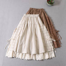 Spring  Japanese Mori Girl Lace Stitching Linen Skirt Literary Embroidery Double-Layer Lining A-Line Skirt 2024 - buy cheap