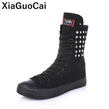 Woman Boots Mid-Calf Spring Autumn Female Canvas Shoes High Top Big Size Black White Rivet Ladies Footwear Hot Sale Fashion 2024 - buy cheap