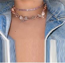 High Quality pink women choker micro pave cz coffee beaded chain Pink butterfly choker necklace 15" 16" 2024 - buy cheap