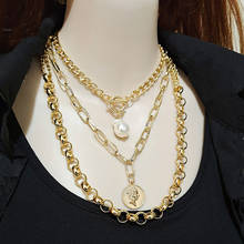 DIEZI Multilayer Baroque Pearl Chain Necklace Statement Party Gift Carved Coin Human Head Pendant Necklaces 2021 New Jewelry 2024 - buy cheap