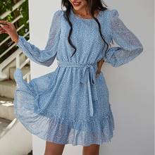 Ruffles Dot Print Women's Mini Dress With Belt Summer Chiffon Long Sleeve Female Short Dresses 2021 Spring Elegant Lady Clothes 2024 - buy cheap