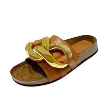 Zapatillas de tacón bajo para mujer, chanclas informales de punta redonda, diseño de marca, cadena dorada, zapatos sin cordones 2021 2024 - compra barato