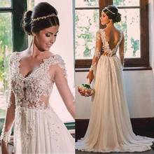 2020 V Neck A Line Wedding Dresses Beaded Appliques See Through Bridal Gown Vintage Boho Backless Bride Wedding Party Wear 2024 - buy cheap