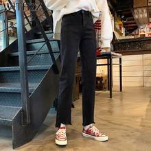 Calças jeans reto preto femininas com cintura alta para primavera 2024 - compre barato