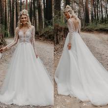 2020 Bohemian Wedding Dresses Jewel Lace Appliques Long Sleeves Boho Bridal Gowns Custom Made Sweep Train A Line Wedding Dress 2024 - buy cheap