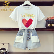 New Summer 2 Piece Set Women 3D Love Letters Printing T-shirts + Fake Pocket Short Jeans 2pcs Clothes Sets Casual Suits Outfits 2024 - buy cheap