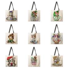 Women's beach bag foldable shoulder bag shopping bag teacup cat print tote bag linen casual tote bag reusable 2024 - buy cheap