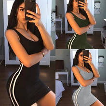 Skin Tight Mini Fitness Dress Straps Low Cut Side Stripe Dress Slim Sukienka Solid Color Sleeveless Sexy Bodycon Dress Push Up 2024 - buy cheap