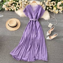 Summer Women V-Neck Short-Sleeve Pleated Ruffles Chiffon Dress With Belt Lady Elastic Slim Waist Pullover Party Midi Chic Dress 2024 - buy cheap