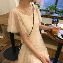 Luck A  Summer Elegant Party Shiny Lace Dress Women Pink Short Sleeve Sexy Mesh Bling Mini Dresses female Vestidos 2024 - buy cheap