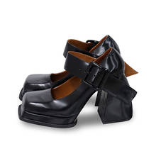 Sapatos mary jane preto e couro artificial, calçado feminino de salto alto quadrado, loafer jane, retrô, 2021 2024 - compre barato