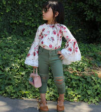 2PCS Toddler Kids Girl Autumn Clothes Lace Floral Dress Top Flare Sleeve T-Shirt + Army Green Denim Hole Pants Outfit Set 18M-6Y 2024 - buy cheap