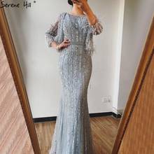 Serene Hill Grey Mermaid Long Sleeves Dubai Evening Dress Luxury Diamond Beading O-Neck Formal Party Wear Gown 2020 CLA70503 2024 - buy cheap