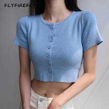 Blusa crop de verão feminina, blusa vintage, camisas elegantes, manga curta, de malha, com botões, moda coreana 2020 2024 - compre barato