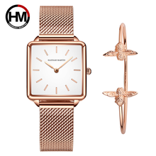 Hannah martin pulseiras relógios movimento japonês ouro rosa relógios femininos simples quadrado casual malha de couro pulseiras 2024 - compre barato