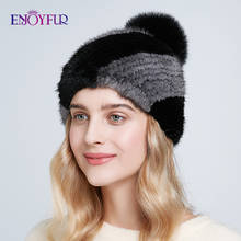 ENJOYFUR Winter mink fur hats for women high quality knitted mink fur caps patchwork color beanies with fur pompom 2024 - buy cheap