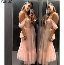 YUNUO-Vestidos de Fiesta Cortos de color rosa rubor, vestido de fiesta plisado de tul largo hasta el té, con hombros descubiertos, falda escalonada, 2021 2024 - compra barato
