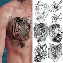 Tatuajes temporales de tigre negro para hombres y adultos, tatuajes falsos realistas de León, rosa, flor, Lobo, pegatinas para el pecho y la espalda, tatuajes impermeables 2024 - compra barato