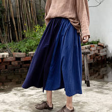 Johnature Vintage Patchwork Color Skirts For Women Cotton Linen Navy Blue Original 2021 Autumn New Loose Female Pleated Skirts 2024 - buy cheap
