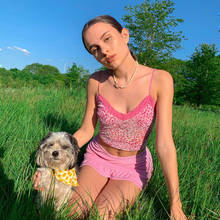 Сезонные розовые леопардовые принты, сексуальный топ на бретельках, женские летние кружевные топы с открытой спиной, женские милые короткие футболки ASVE81122 2024 - купить недорого
