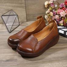 Spring Autumn Retro Wedges Platform Shallow Sewing Genuine Leather Women Pumps Slip-On Ladies Casual Lazy Shoes 0103 2024 - buy cheap