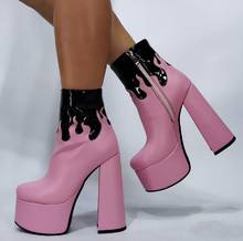 Woman Black Pink Leather Platform Ankle Boots Fashion Mixed Color Chunky Heel Flame Short Boots Sexy Female Booties Party Shoes 2024 - buy cheap