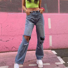 2020 Autumn Hole Jeans Woman Streetwear High Waist Zipper Wide Leg Straight Jeans Trousers Pockets Harajuku Pants Pantalon Mujer 2024 - buy cheap