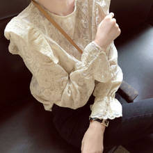 Blusa feminina com babados, camisa feminina estilo primavera outono cor sólida gola redonda manga lanterna elegante tops casuais sp1334 2024 - compre barato