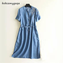 summer soft denim long shirt dress tied waist button short sleeves work office dress blue floral embroidery long Jeans dresses 2024 - buy cheap