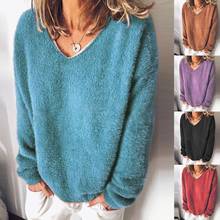 Suéter de felpa de talla grande para mujer, Tops cálidos con cuello en V, Blusas informales de manga larga, Otoño e Invierno 2024 - compra barato