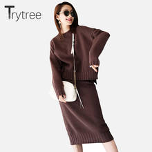 Trytree Autumn Winter Women Two Piece Set Casual Pullover O-Neck Solid Tops + Skirts Knee-Length Office Lady Set 2 Piece Set 2024 - buy cheap